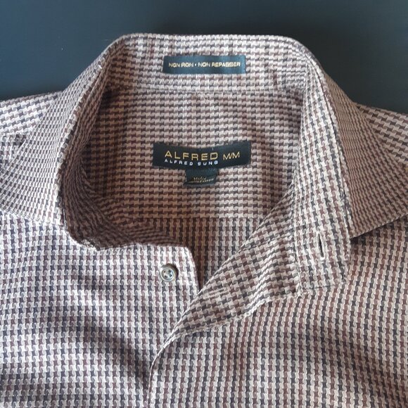 ALFRED SUNG SZ M Houndstooth Check 100% Cotton Men's Brown Button Up Shirt - Picture 12 of 12